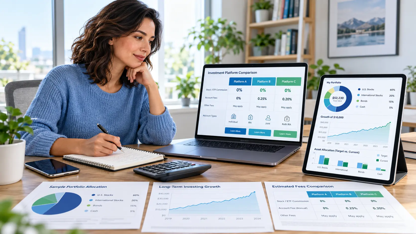 Beginner investor comparing online investment platforms, fees, account types, and portfolio options