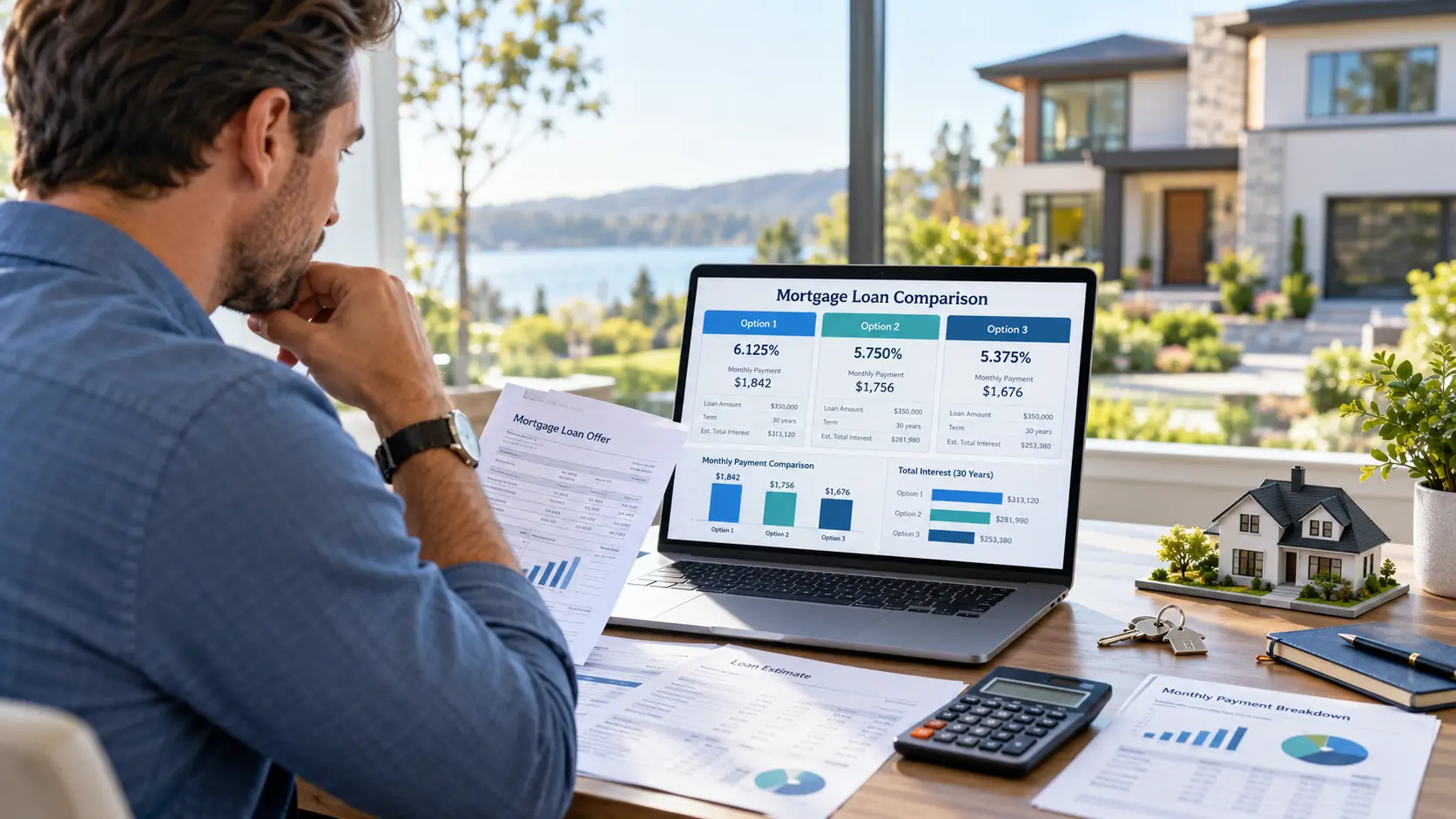 Home buyer comparing mortgage lenders, interest rates, closing costs, and loan terms before buying a house