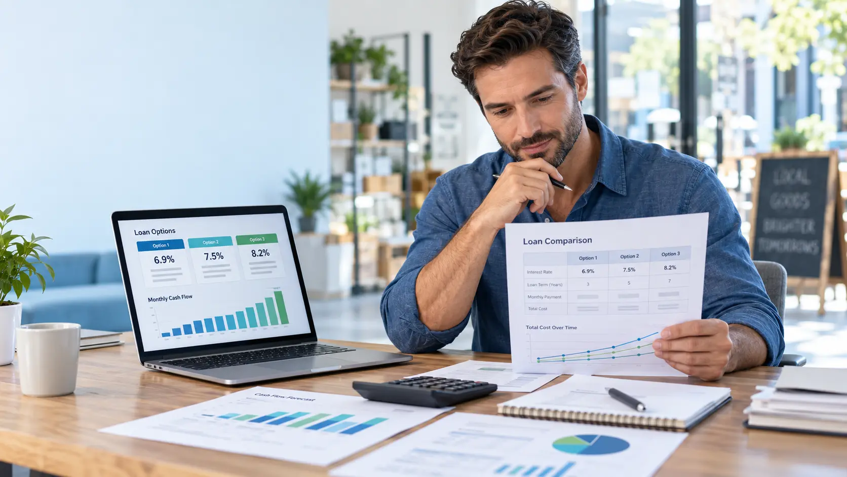 Small business owner comparing business loan rates, repayment terms, fees, and lender offers
