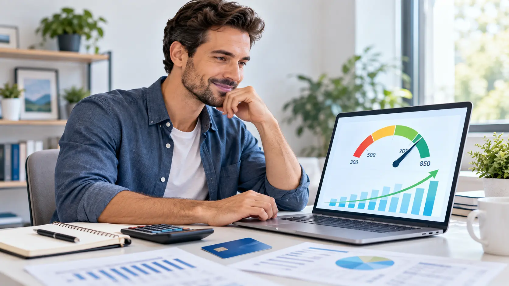 Person reviewing a credit score and financial report while planning ways to improve credit
