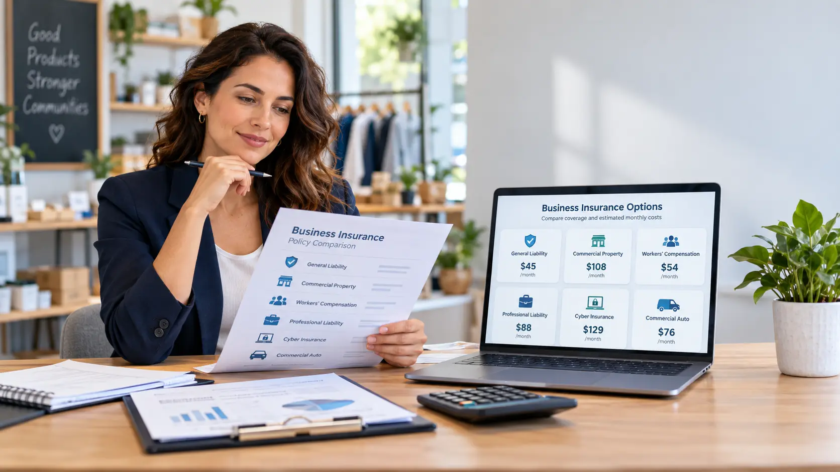 Small business owner comparing insurance coverage, premiums, policy limits, and business protection options