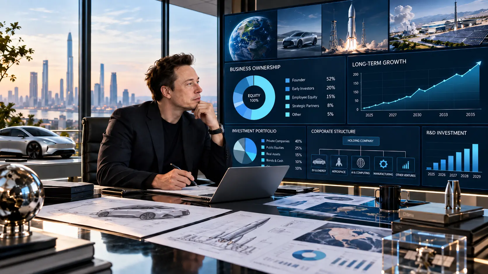 Business entrepreneur studying investments, company ownership, assets, and long-term wealth strategies inspired by Elon Musk